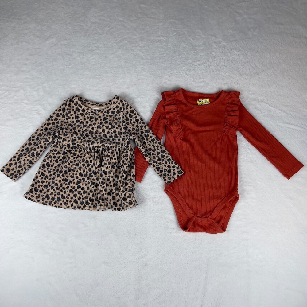 Lot of 2 Cat & Jack Dress &‎ Romper Kids Girls 18M Red Beige Leopard Long Sleeve
